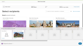 "Select recipients" page. Multiple institutions and recipients the transcripts will be sent to are shown listed 